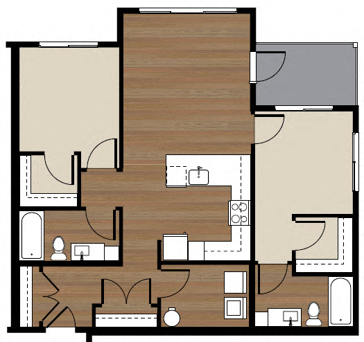 Floor plan for 2 beds, 2 baths, 956 sqft